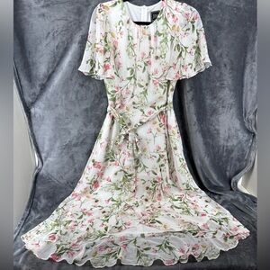 Jessica Howard White Pink Green Floral Flutter-Sleeve Faux-Wrap Chiffon Dress 4